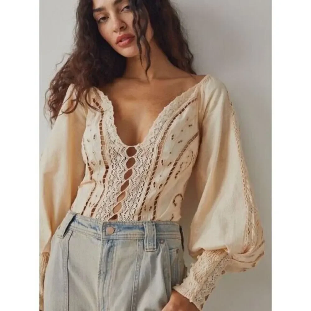 NEW Free‎ People Intimately Brown Regina Boho Long Sleeve Bodysuit, S
